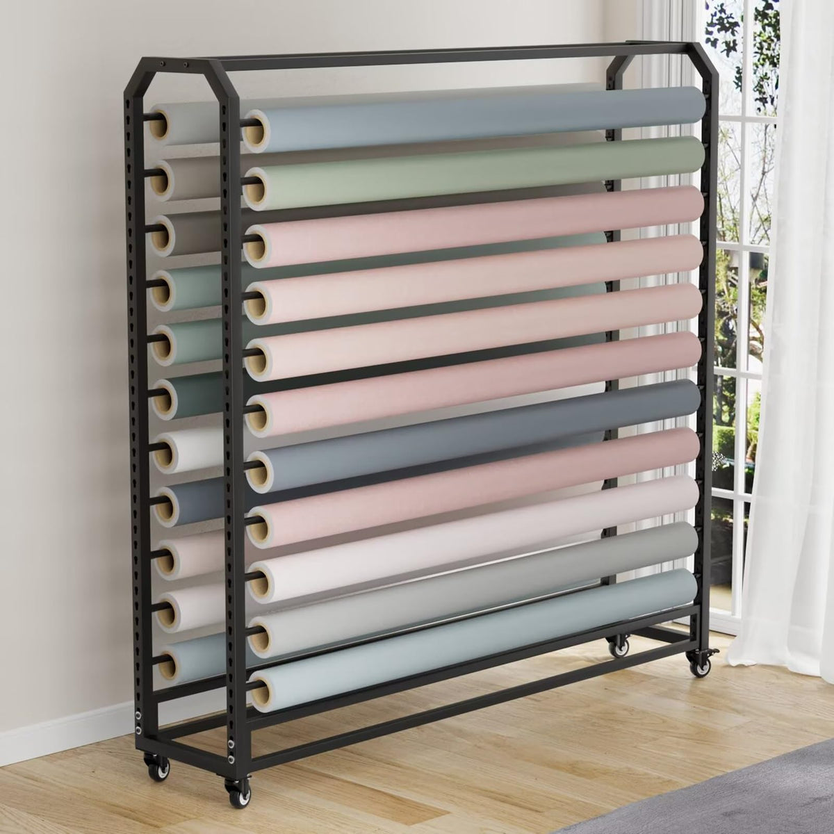10/12/14/16/18/20-roll Commercial Large Mobile Gift Wrap Rack for Classroom Arts Crafts Activity Holder Loads 660 LBS, Metal Textile Fabric Rolls Organizer - Adjustable Spacing(14 rods,W195cm)