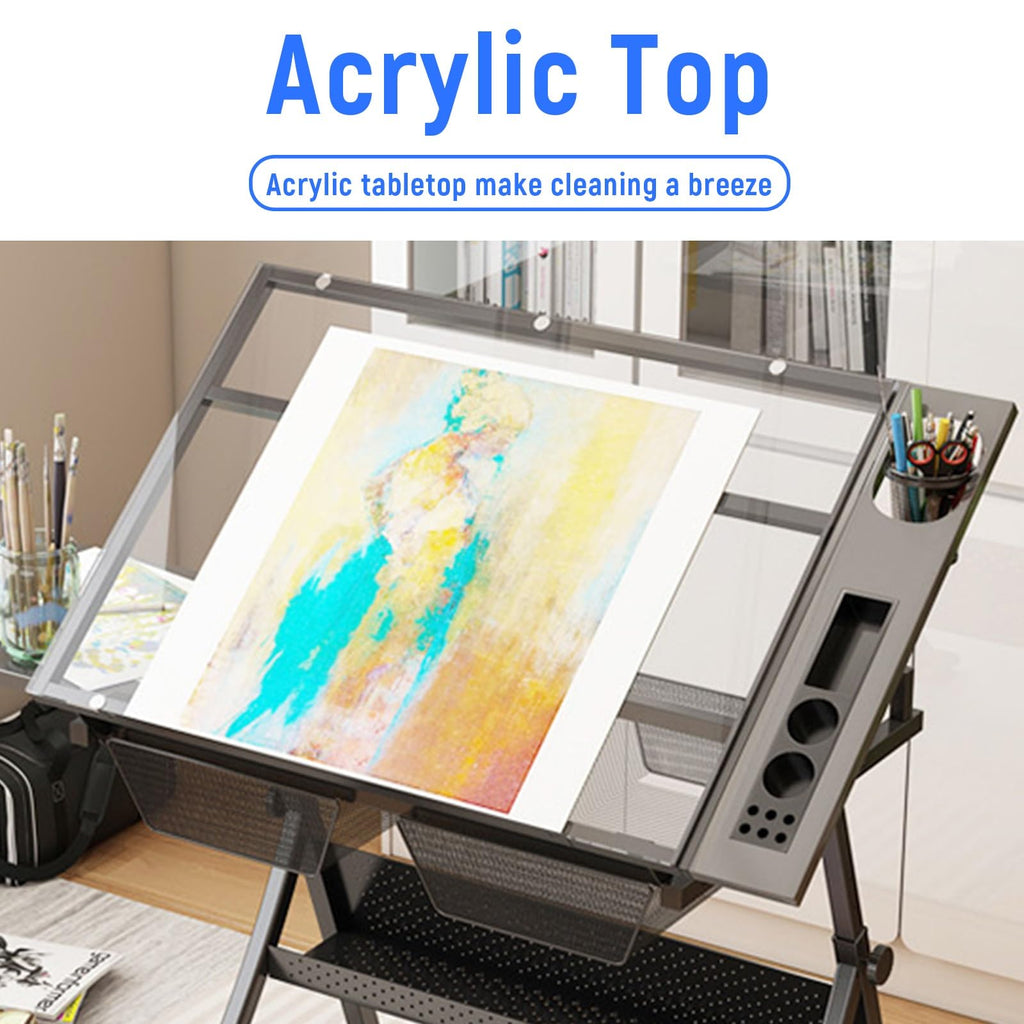 TemkIN Artist Drafting Table with Stool Acrylic Drawing Work Surface 0°-50° Tilted, Adjustable Height, Study Workstation for Reading, Writing, Crafting, Painting Art, 2*Side Tray, Black