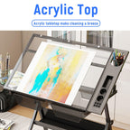 TemkIN Artist Drafting Table with Stool Acrylic Drawing Work Surface 0°-50° Tilted, Adjustable Height, Study Workstation for Reading, Writing, Crafting, Painting Art, 2*Side Tray, Black