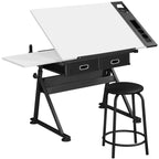 Adjustable Drawing Table with Storage Drawers Art & Craft Desk with Stool Size: 120.5 x 60 x (69.5-92.5cm) Perfect for Artists and Creatives