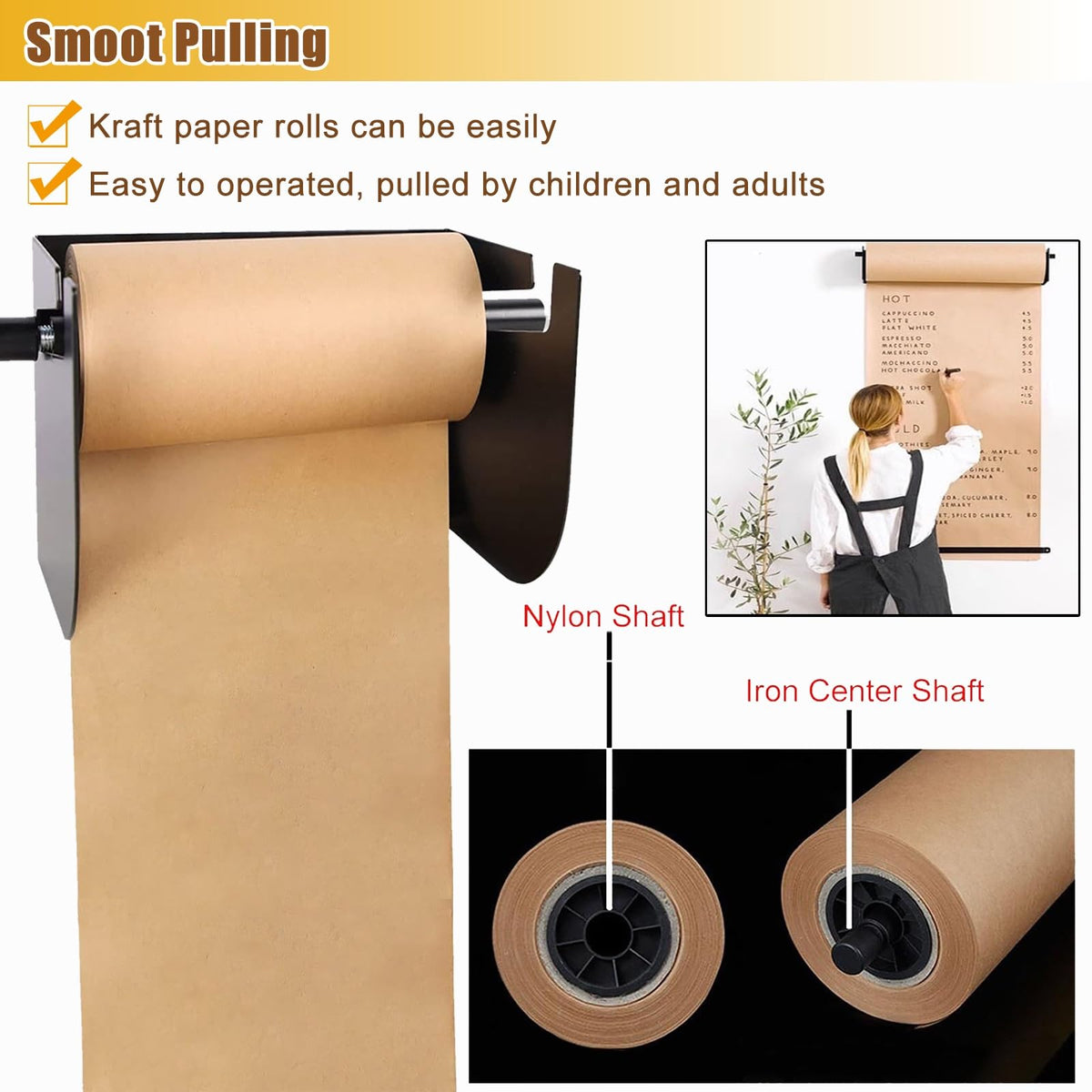 Wall-Mounted Paper Roll Dispenser Cutter - 50m Kraft Paper Holder for Kids' Arts & Crafts, Cafe Menus, To-Do Lists - Perfect for Organizing and Creative Projects