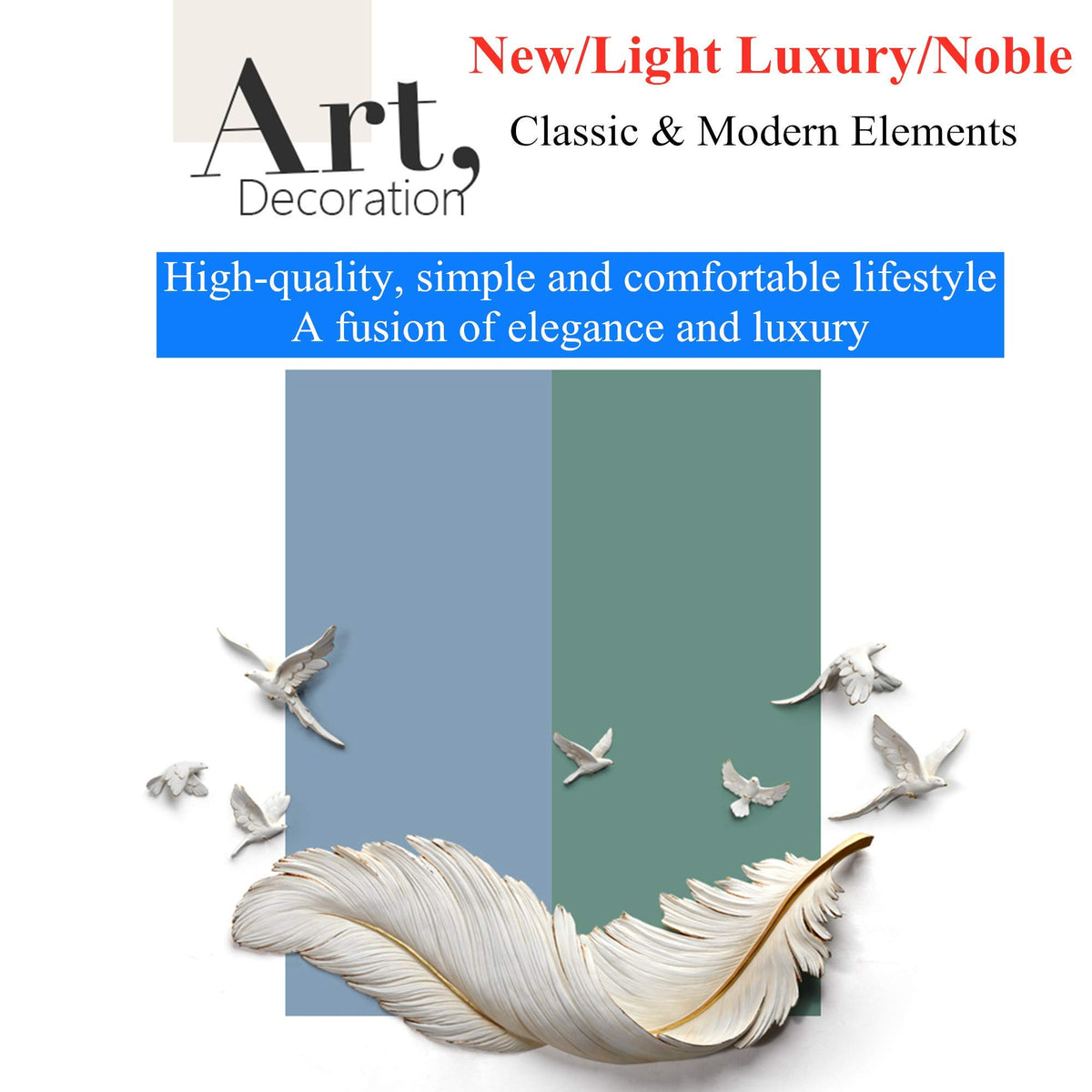 3D Gold Feather Wall Art Decor Handmade Craft Resin Feather Decoration with 7 Flying Birds for Living Room Office Bar Entryway