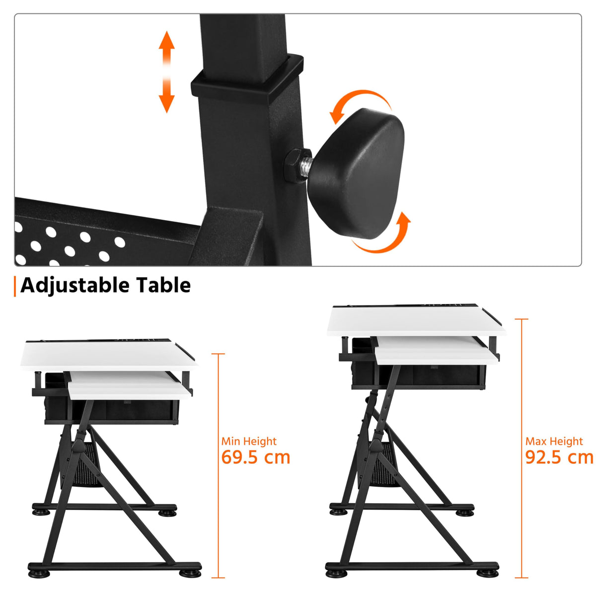 Adjustable Drawing Table with Storage Drawers Art & Craft Desk with Stool Size: 120.5 x 60 x (69.5-92.5cm) Perfect for Artists and Creatives