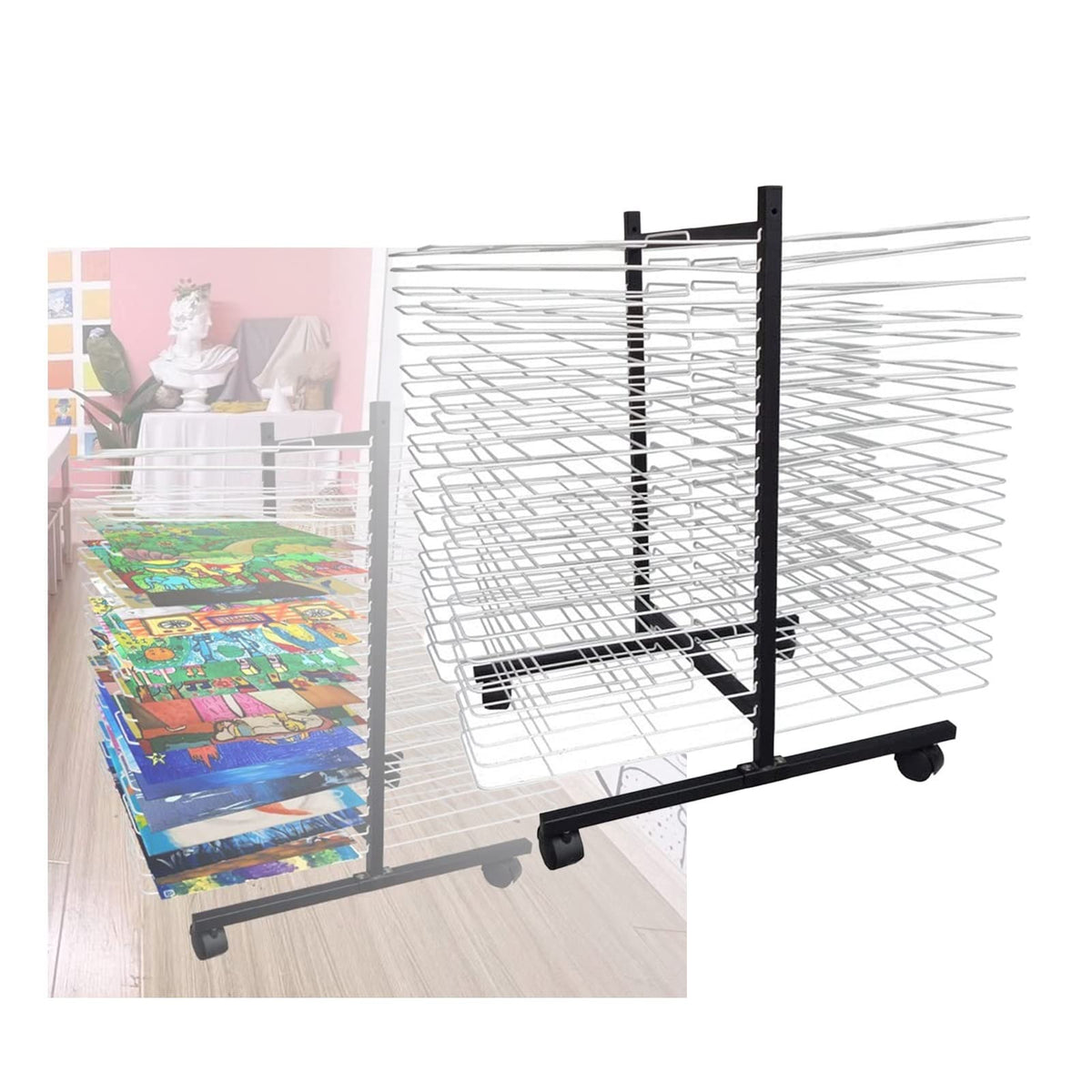 40-Layer Mobile Art Drying Rack for Classroom Painting & Crafts A3 Size - Space-Saving Perfect for Edun & School Use Ideal for 8K Canvas Boards