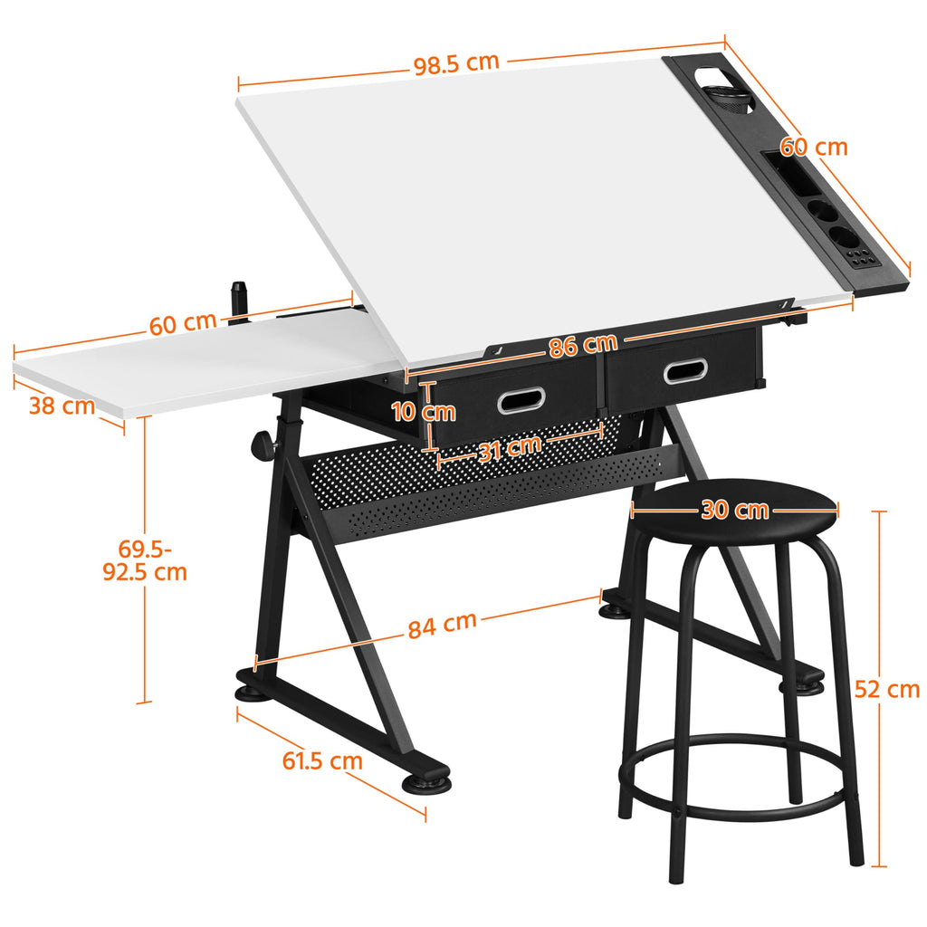 Adjustable Drawing Table with Storage Drawers Art & Craft Desk with Stool Size: 120.5 x 60 x (69.5-92.5cm) Perfect for Artists and Creatives