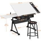 Adjustable Drawing Table with Storage Drawers Art & Craft Desk with Stool Size: 120.5 x 60 x (69.5-92.5cm) Perfect for Artists and Creatives