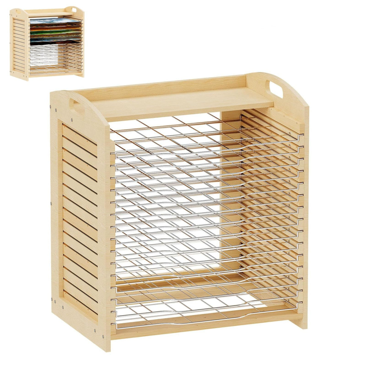 Wooden Art Drying Rack with 15 Adjustable Metal Shelves, Versatile Desktop and Wall-Mount Easel for Efficient Drying, Organizing, and Storing Canvas Artworks and Craft Projects