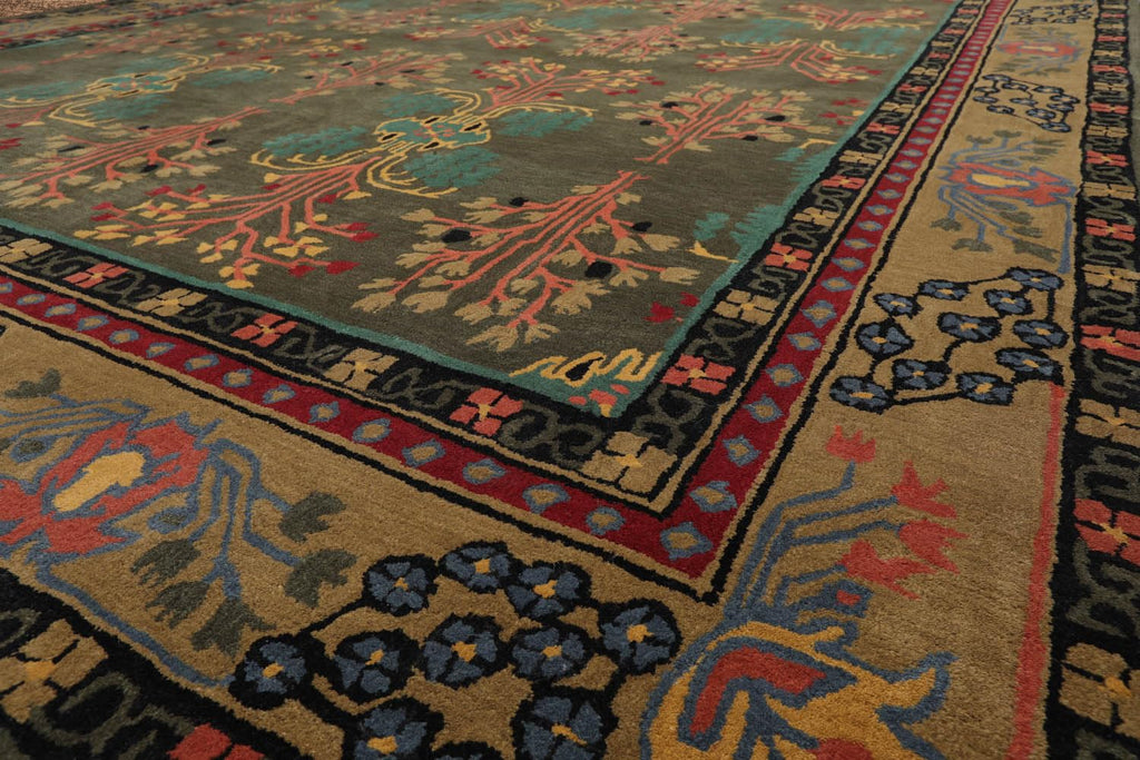 9x12 Hand Tufted Hand Made 100% Wool Donegal Branches Arts & Crafts Oriental Area Rug Gray with Green Undertone,Moss Color