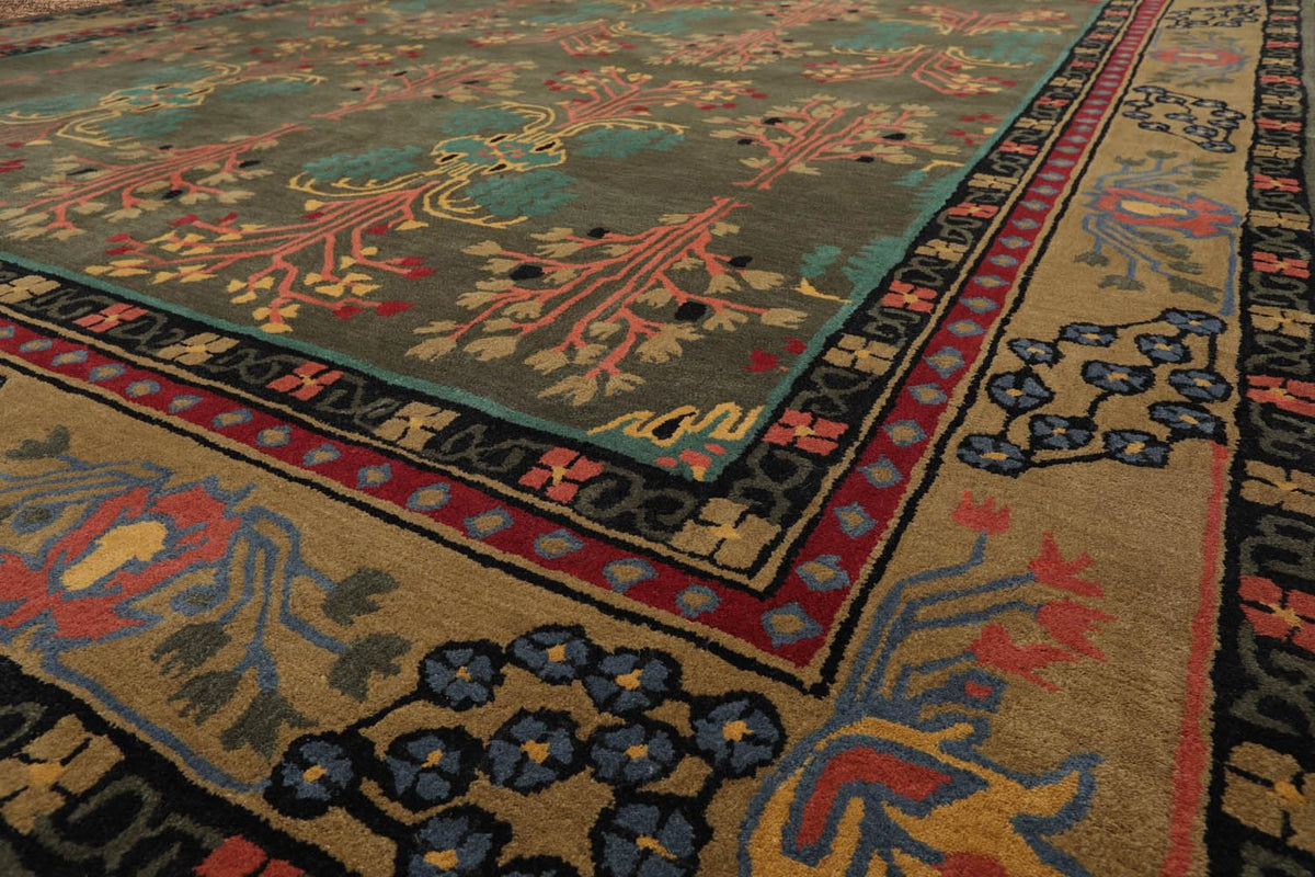 9x12 Hand Tufted Hand Made 100% Wool Donegal Branches Arts & Crafts Oriental Area Rug Gray with Green Undertone,Moss Color