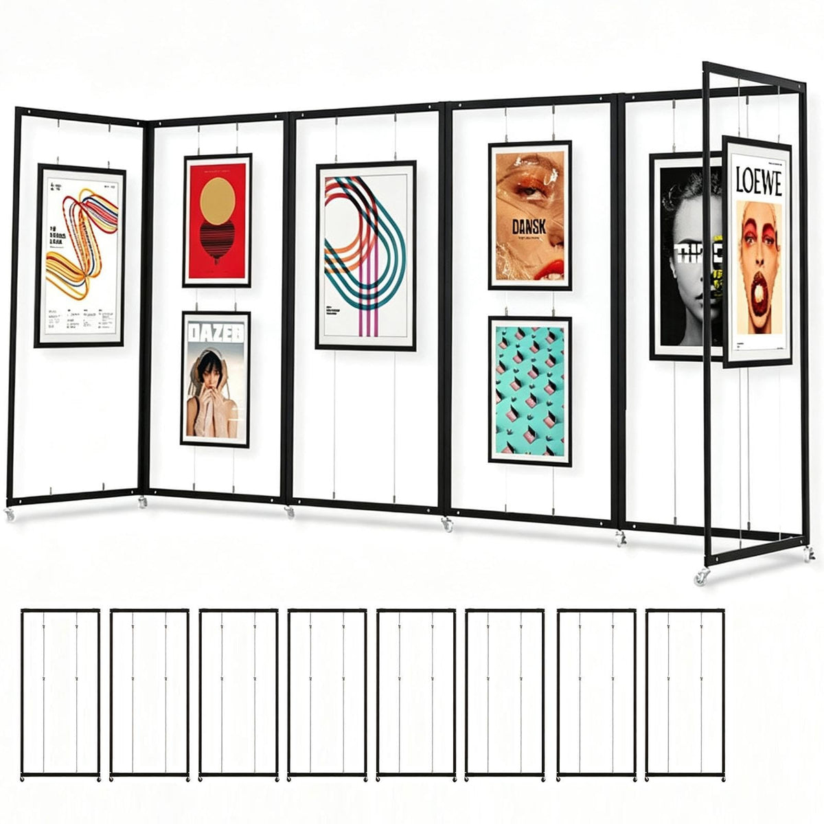 Art Show Display Panels, Mobile Folding Exhibit Screen with Hanging Cables
