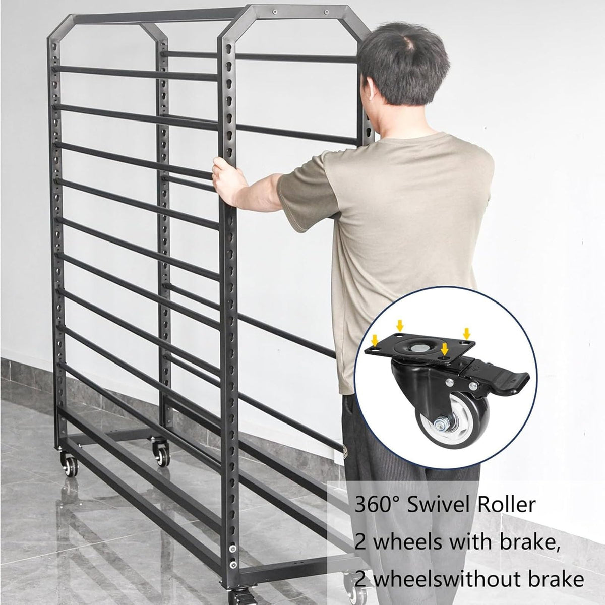10/12/14/16/18/20-roll Commercial Large Mobile Gift Wrap Rack for Classroom Arts Crafts Activity Holder Loads 660 LBS, Metal Textile Fabric Rolls Organizer - Adjustable Spacing(14 rods,W195cm)