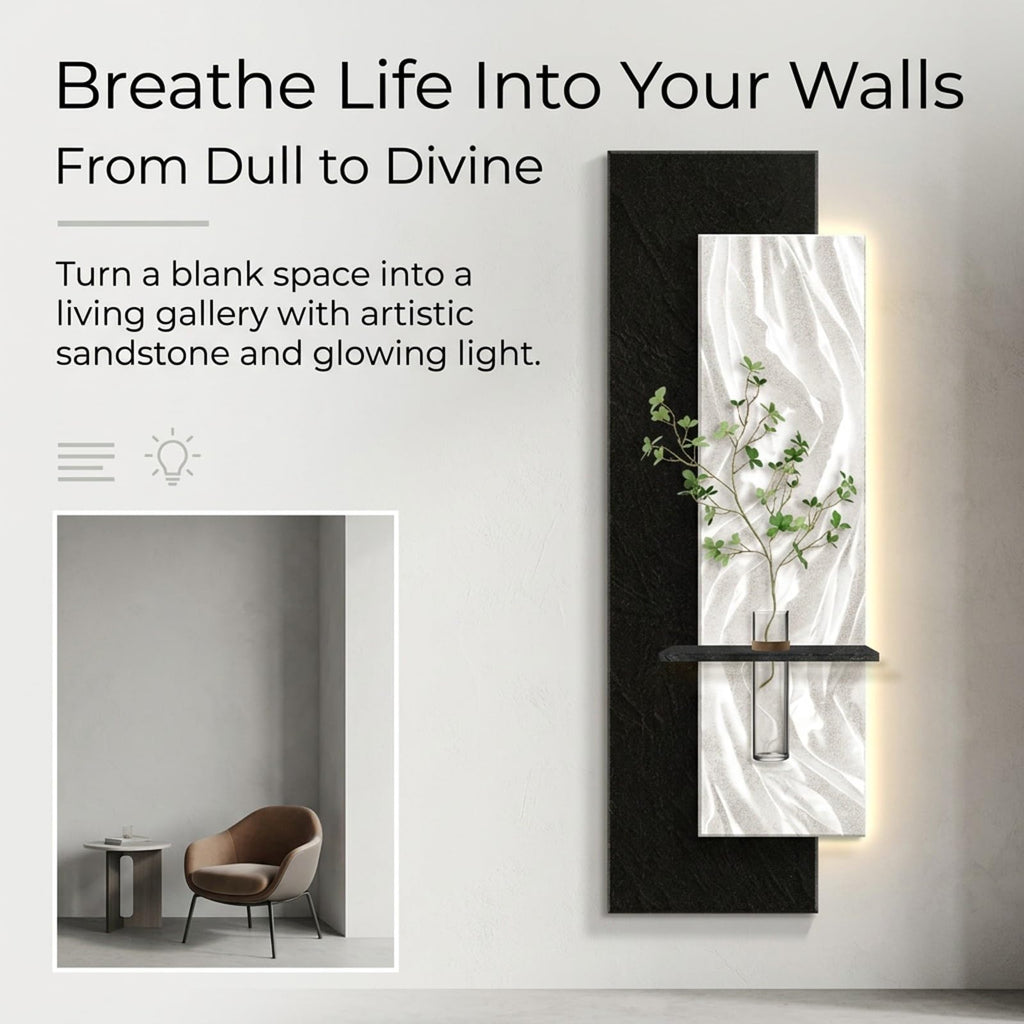 3D Sandstone LED Wall Art, Modern Textured Sculptures with Glass Vase