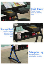 TemkIN Artist Drafting Table with Stool Acrylic Drawing Work Surface 0°-50° Tilted, Adjustable Height, Study Workstation for Reading, Writing, Crafting, Painting Art, 2*Side Tray, Black