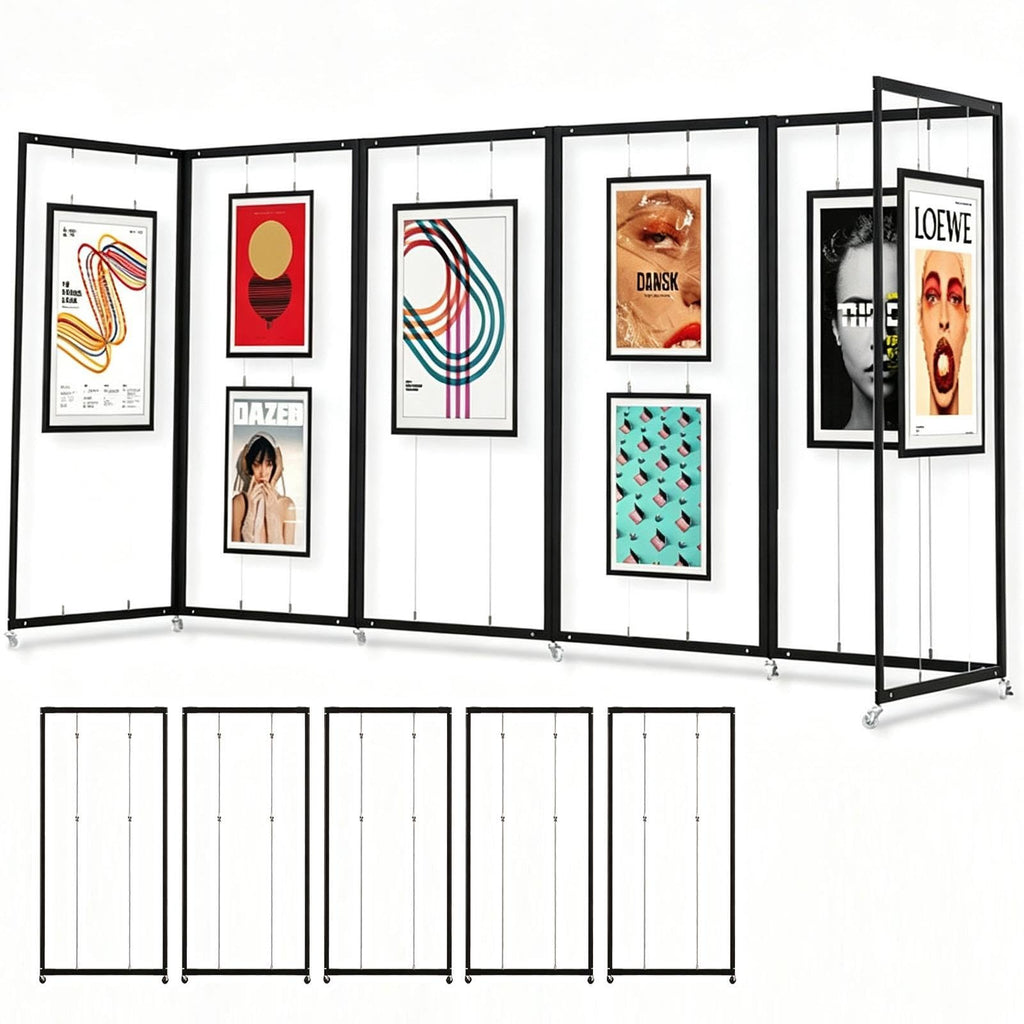 Art Show Display Panels, Mobile Folding Exhibit Screen with Hanging Cables