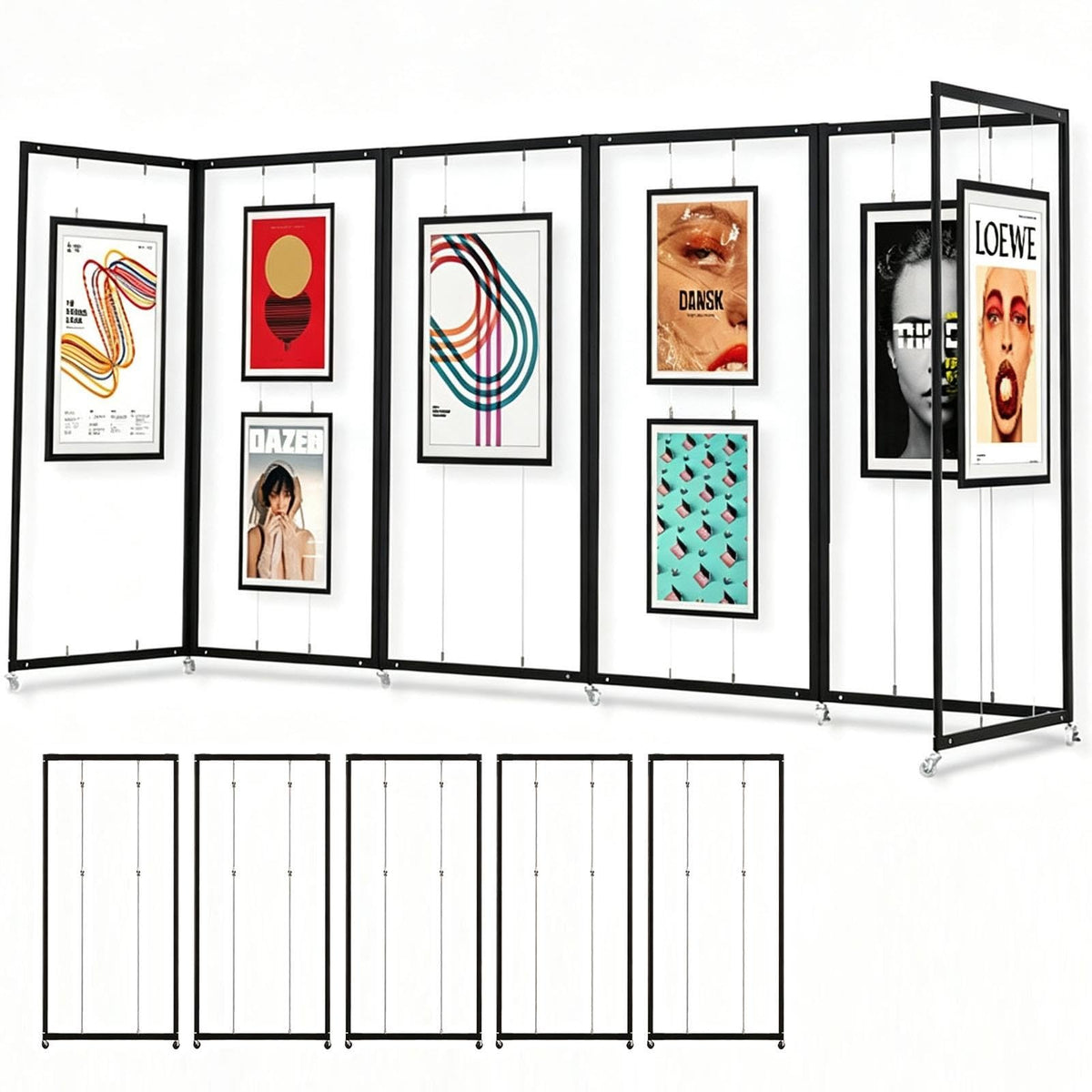 Art Show Display Panels, Mobile Folding Exhibit Screen with Hanging Cables