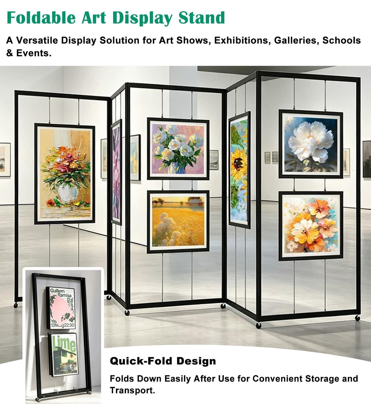 Art Show Display Panels, Mobile Folding Exhibit Screen with Hanging Cables
