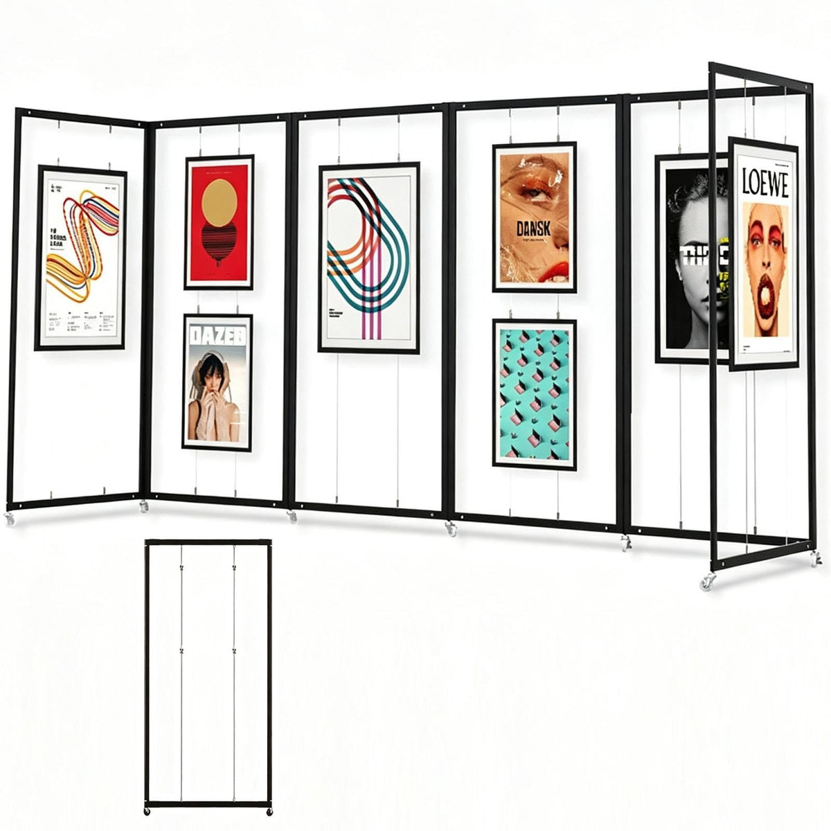 Art Show Display Panels, Mobile Folding Exhibit Screen with Hanging Cables