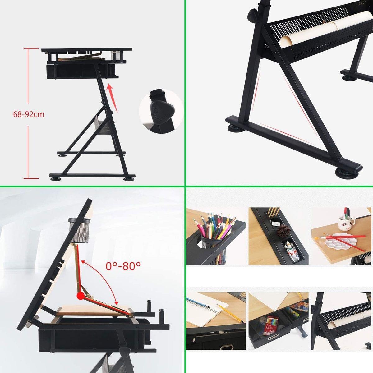 Adjustable Drafting Table with Storage, Tiltable Craft Desk for Home Office Art Projects, Maple Panel Drawing Desk