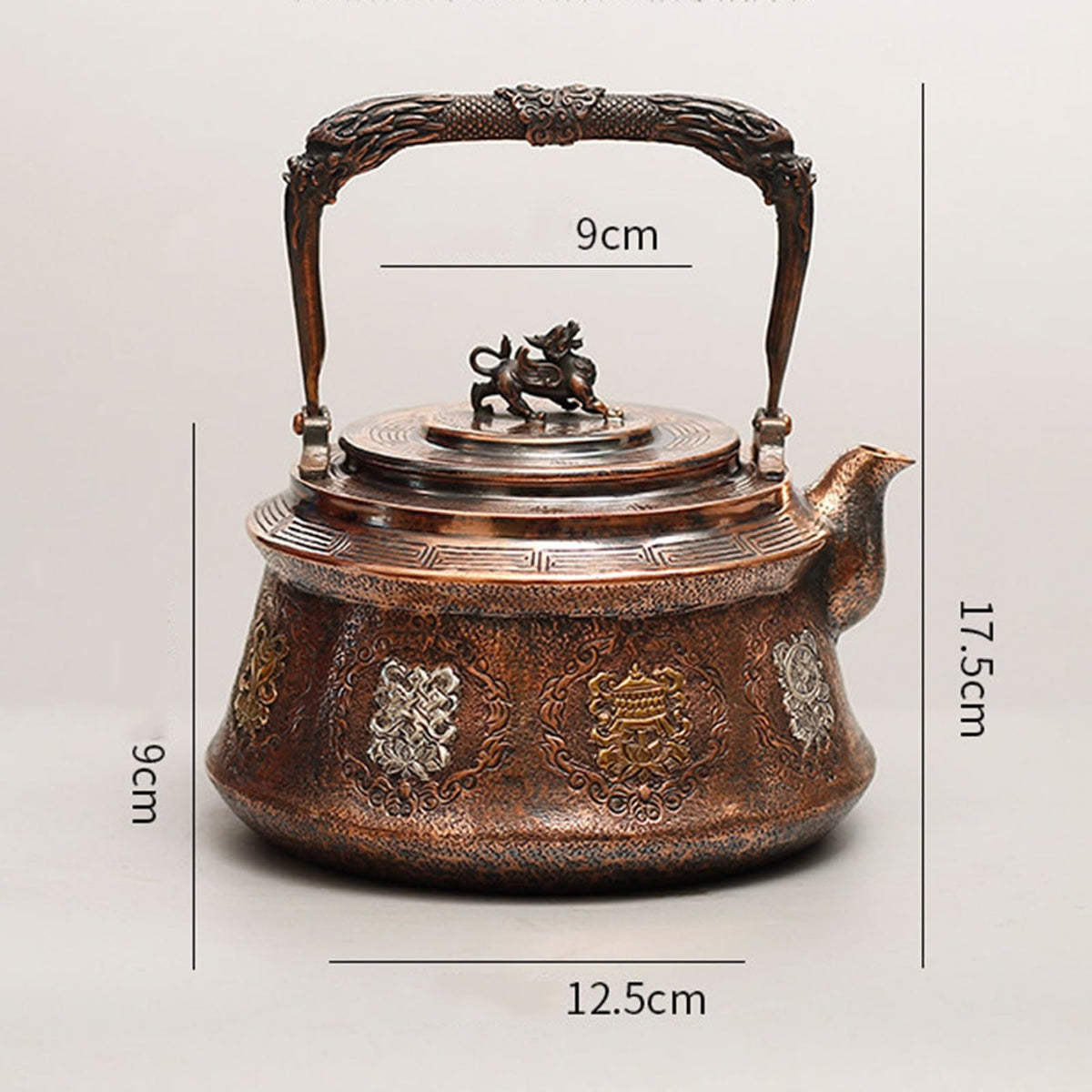 Traditional Embossed Copper Teapot, Eight Auspicious Symbols Kettle