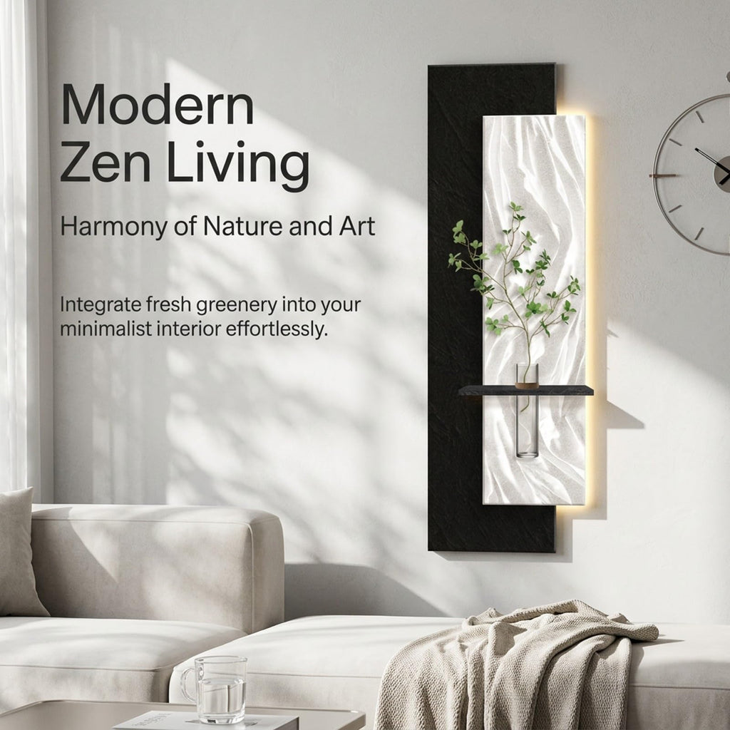 3D Sandstone LED Wall Art, Modern Textured Sculptures with Glass Vase
