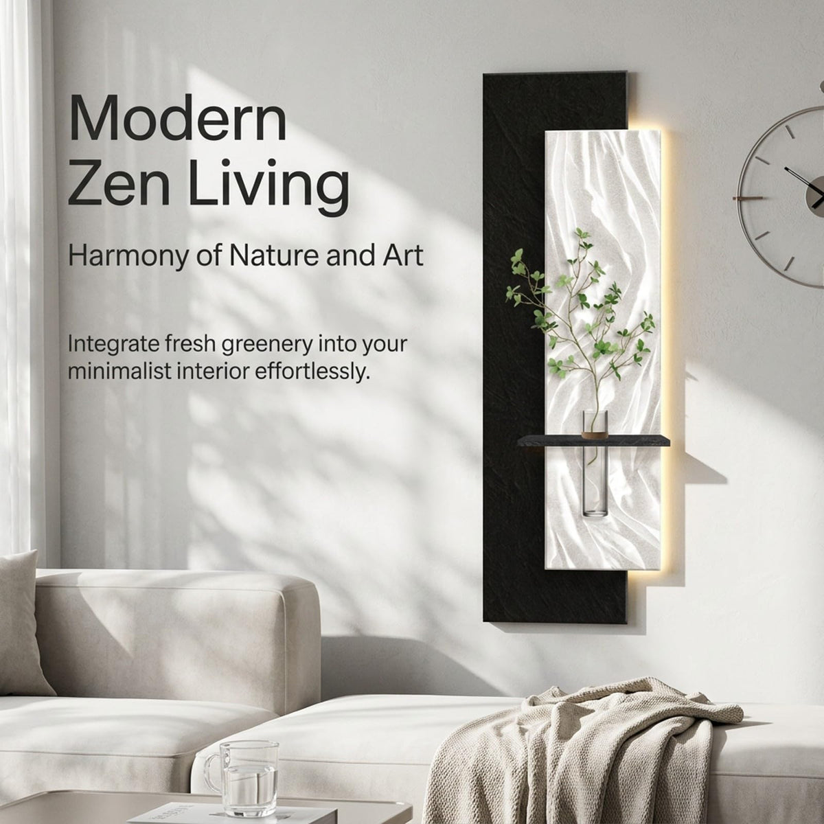 3D Sandstone LED Wall Art, Modern Textured Sculptures with Glass Vase