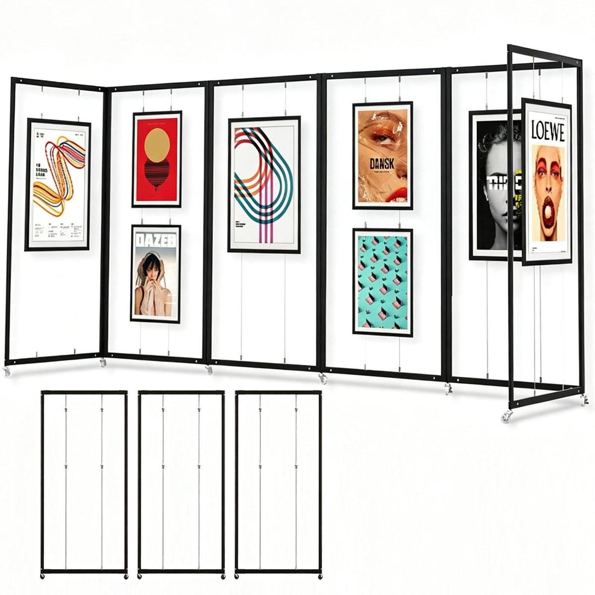 Art Show Display Panels, Mobile Folding Exhibit Screen with Hanging Cables