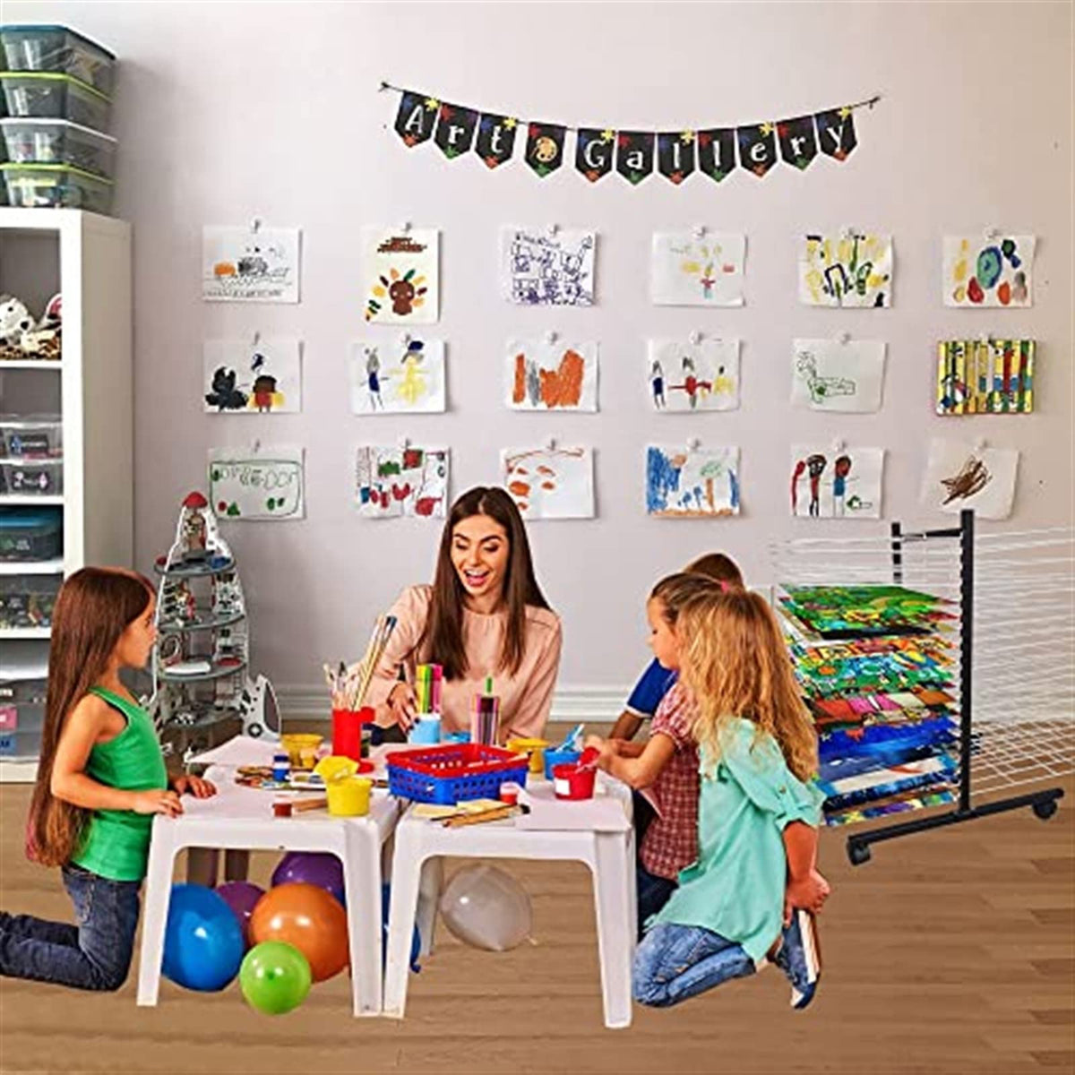 40-Layer Mobile Art Drying Rack for Classroom Painting & Crafts A3 Size - Space-Saving Perfect for Edun & School Use Ideal for 8K Canvas Boards