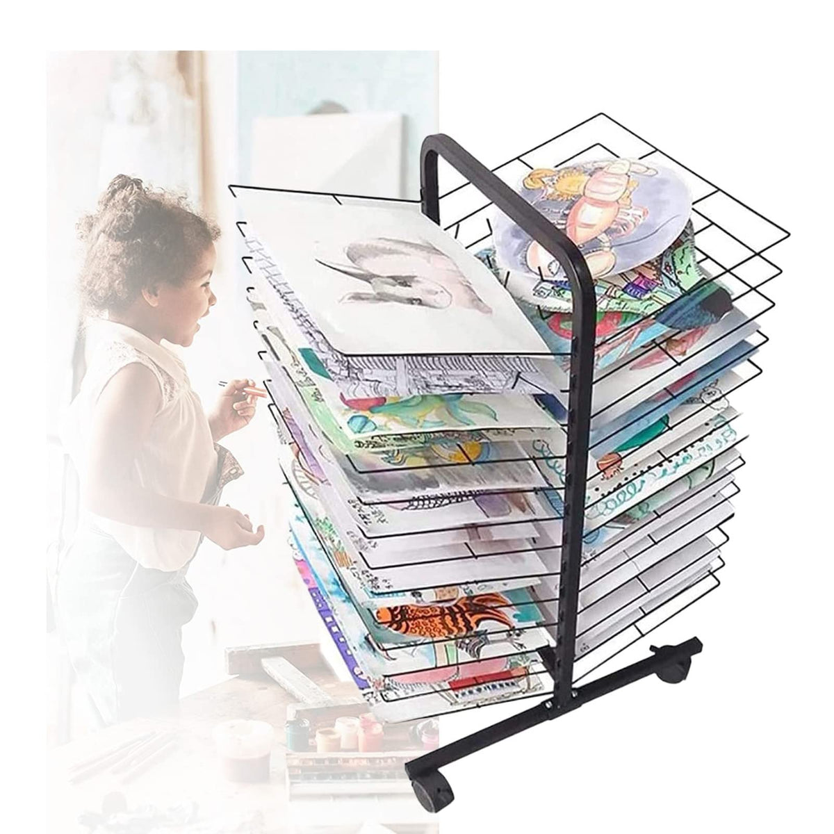 Art Drying Stand for Classroom Painting Crafts, Art Easel Drying Stand - Watercolor Easel Storage Rack with Wheels, Perfect for Education Schools and Art Clubs, Protect A