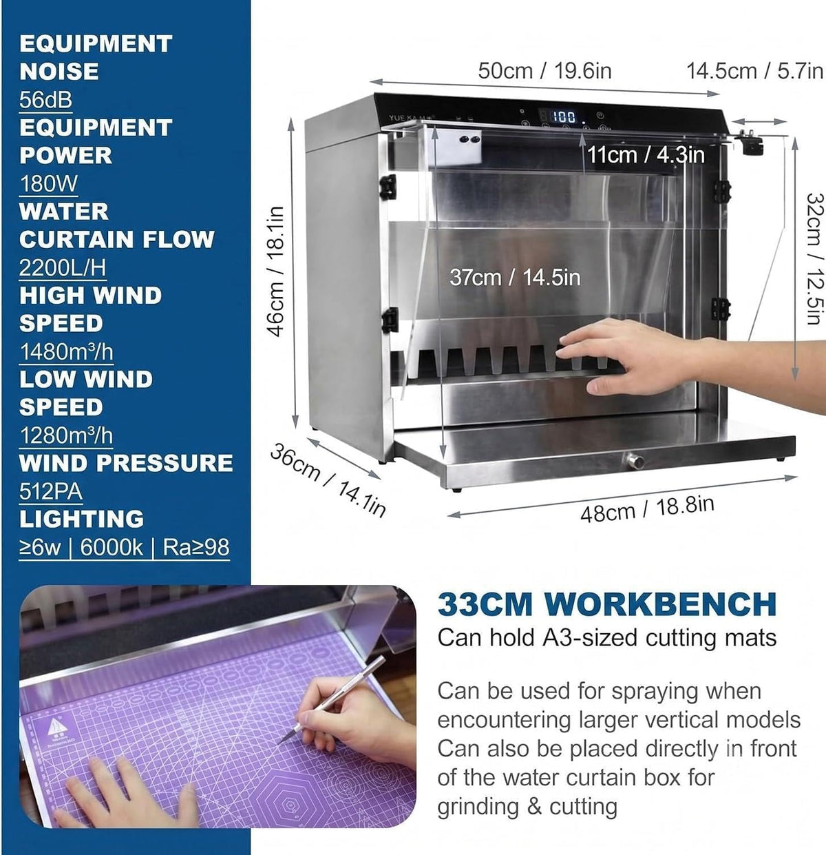 Water Curtain Airbrush Spray Booth, for DIY Art, Crafts, Model，with Water Curtain and Exhaust System, 2200 L/H Flow & Airflow Suction Max 1480m³/H, 32 * 48 Cm Workbench with 3 Led Lights