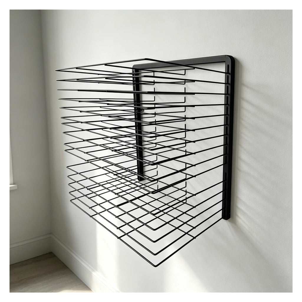 Wall-Mounted Art Drying Rack for Paintings and Crafts, Sturdy Steel Construction with Foldable Shelves, Ideal for A3 Paper and Efficient Airflow, Perfect for Art Studios and Classrooms