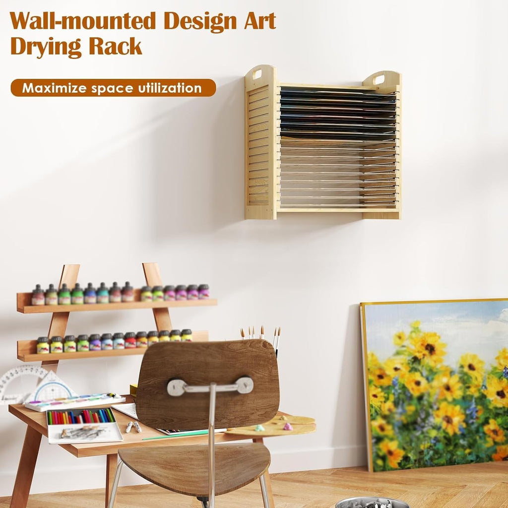 Wooden Art Drying Rack with 15 Adjustable Metal Shelves, Versatile Desktop and Wall-Mount Easel for Efficient Drying, Organizing, and Storing Canvas Artworks and Craft Projects