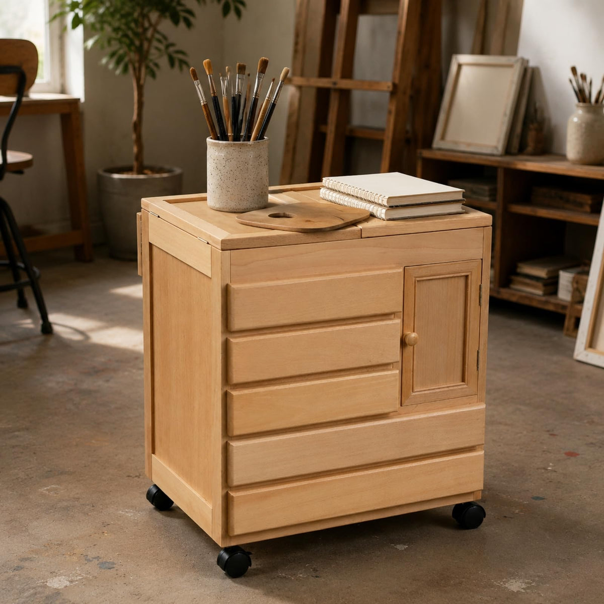 Amagogo Freestanding Creative Storage Cabinet on Casters Large Capacity Wooden Art Supply Cabinet Space-Saving Wooden Crafting Material Storage Cart