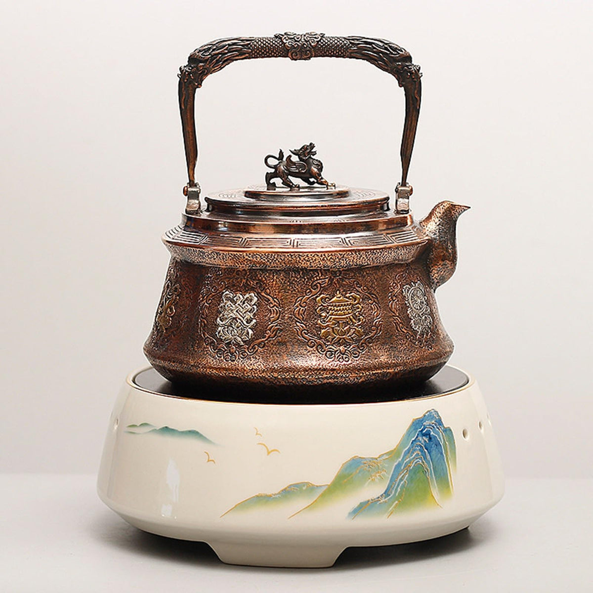 Traditional Embossed Copper Teapot, Eight Auspicious Symbols Kettle