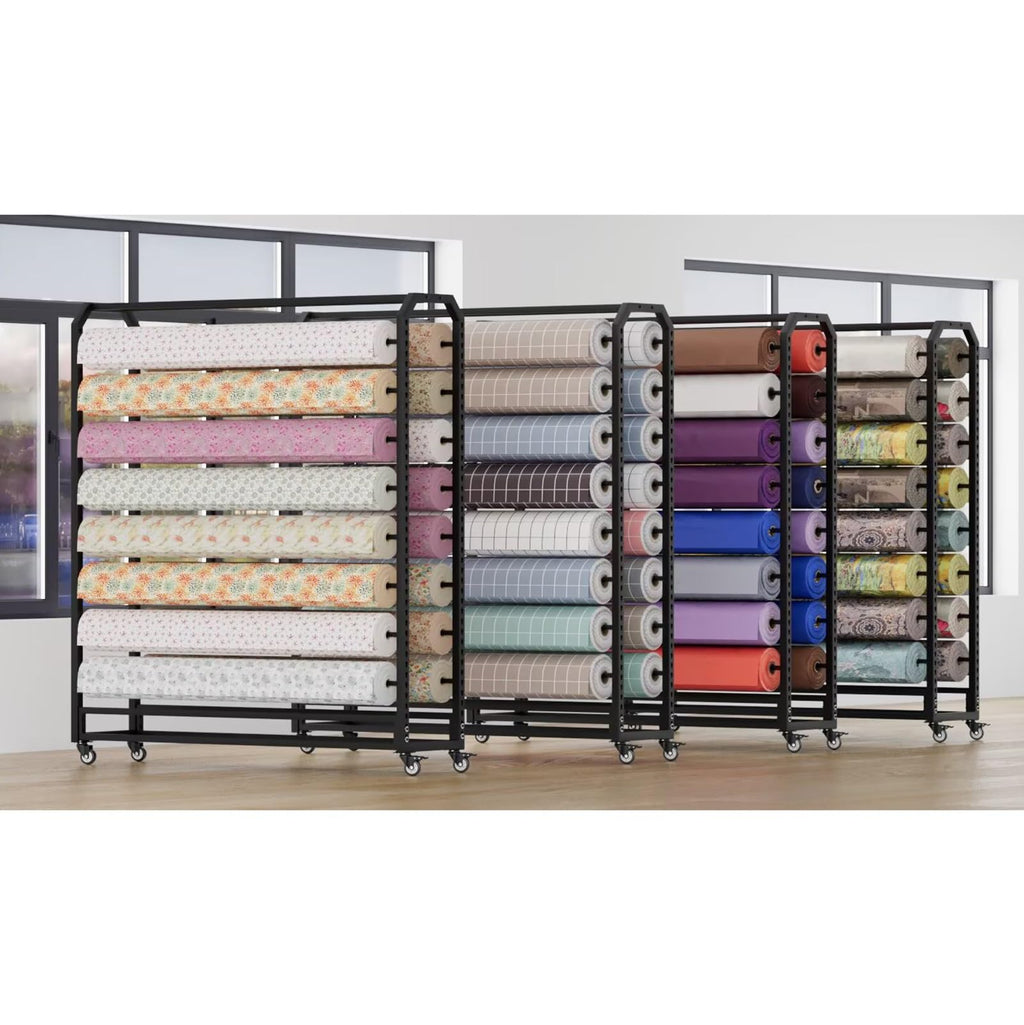 10/12/14/16/18/20-roll Commercial Large Mobile Gift Wrap Rack for Classroom Arts Crafts Activity Holder Loads 660 LBS, Metal Textile Fabric Rolls Organizer - Adjustable Spacing(14 rods,W195cm)