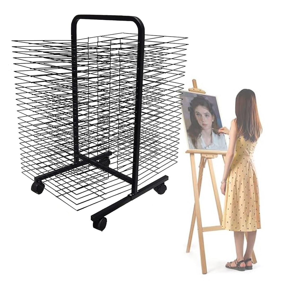 50-Layer Sturdy Metal Art Drying Rack for Classroom & Studio - Space-Saving Canvas Organizer, Perfect for Schools, Artists, Painting, and Craft Projects