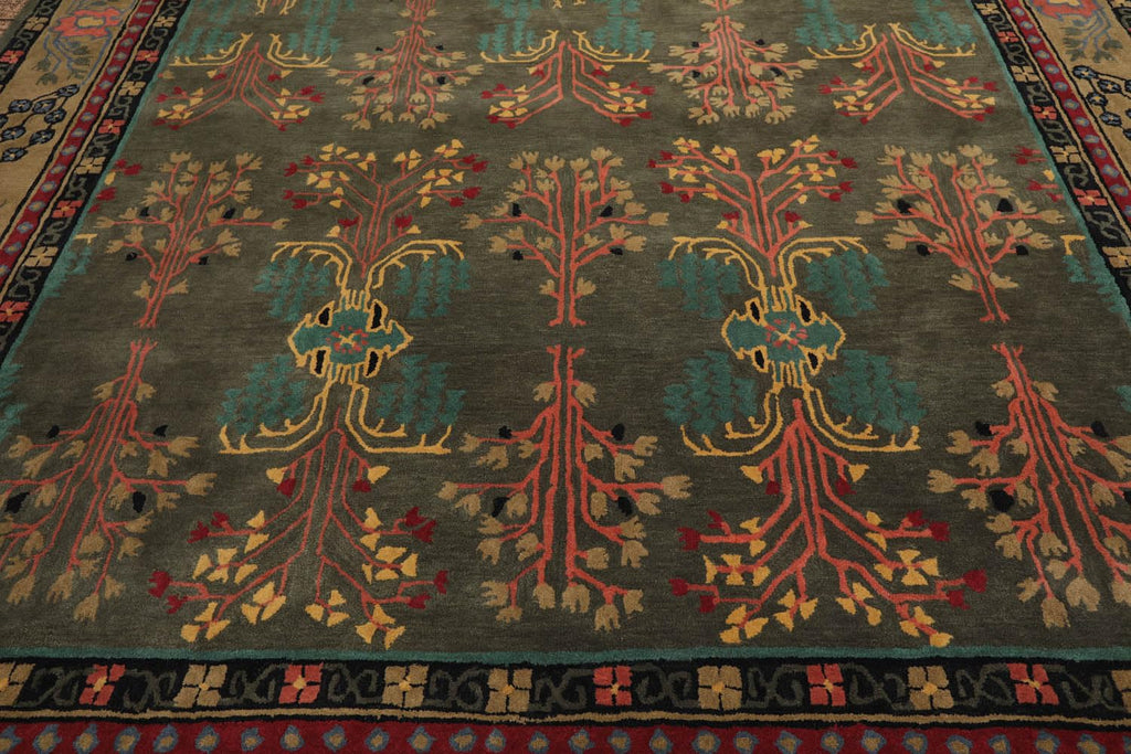 9x12 Hand Tufted Hand Made 100% Wool Donegal Branches Arts & Crafts Oriental Area Rug Gray with Green Undertone,Moss Color