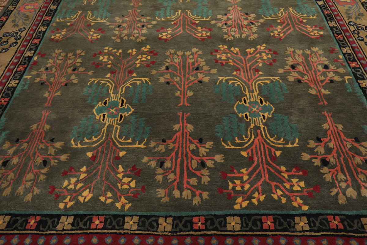 9x12 Hand Tufted Hand Made 100% Wool Donegal Branches Arts & Crafts Oriental Area Rug Gray with Green Undertone,Moss Color