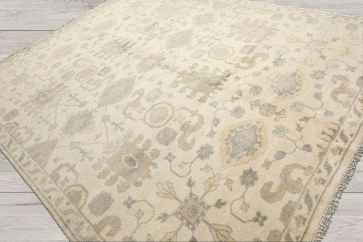8'1''x10 Hand Knotted Ivory Gray Oushak Wool Traditional Arts & Crafts Washed Out Area Rug for Living Room, Kitchen, Bedroom, Home Office, Dining Room