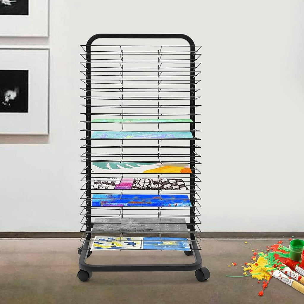 Art Drying Rack for Classrooms Painting Crafts, Mobile Drying Rack for Art with Wheels, Removable Shelves Metal Artwork Storage Display Rack for Schools, Art Studio and,30 Shelves