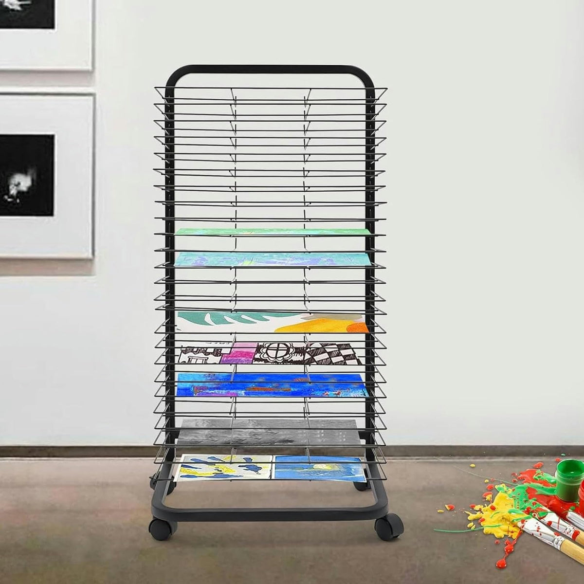 Art Drying Rack for Classrooms Painting Crafts, Mobile Drying Rack for Art with Wheels, Removable Shelves Metal Artwork Storage Display Rack for Schools, Art Studio and,30 Shelves