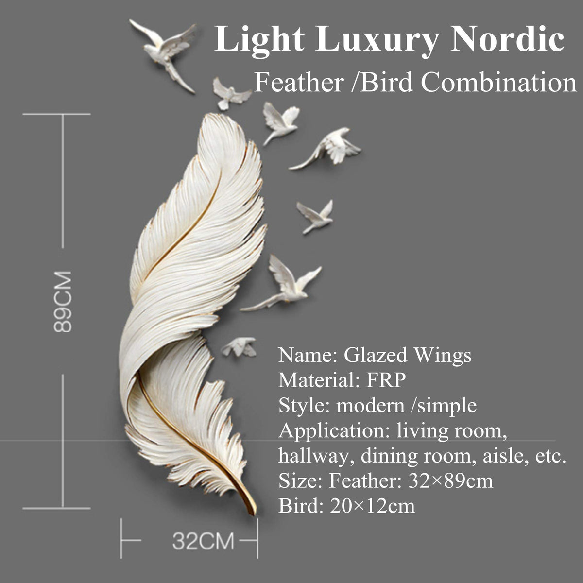 3D Gold Feather Wall Art Decor Handmade Craft Resin Feather Decoration with 7 Flying Birds for Living Room Office Bar Entryway