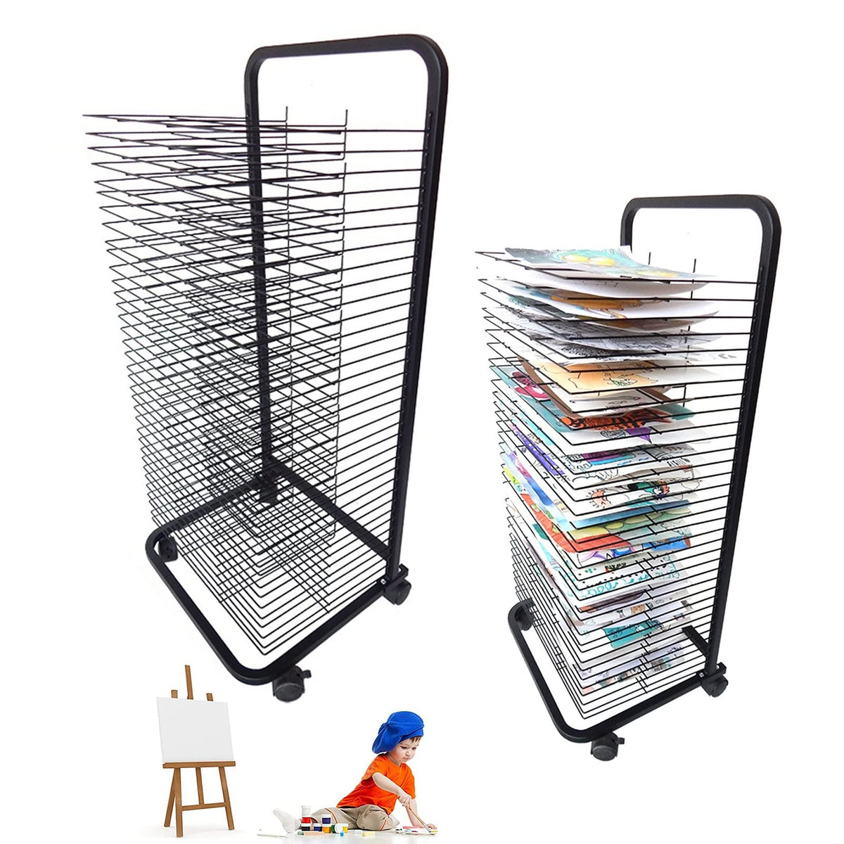 Stackable Wire Art Drying Rack for Classrooms & Studios - Mobile Metal Art Display Rack with 4 Flexible Shelves & Wheels Perfect for Painting Crafts & Artwork Storage,25 Shelves