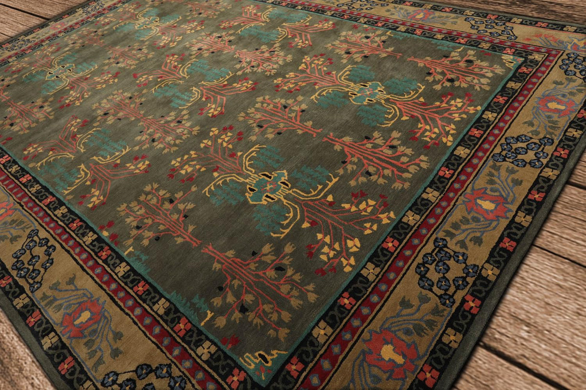 9x12 Hand Tufted Hand Made 100% Wool Donegal Branches Arts & Crafts Oriental Area Rug Gray with Green Undertone,Moss Color