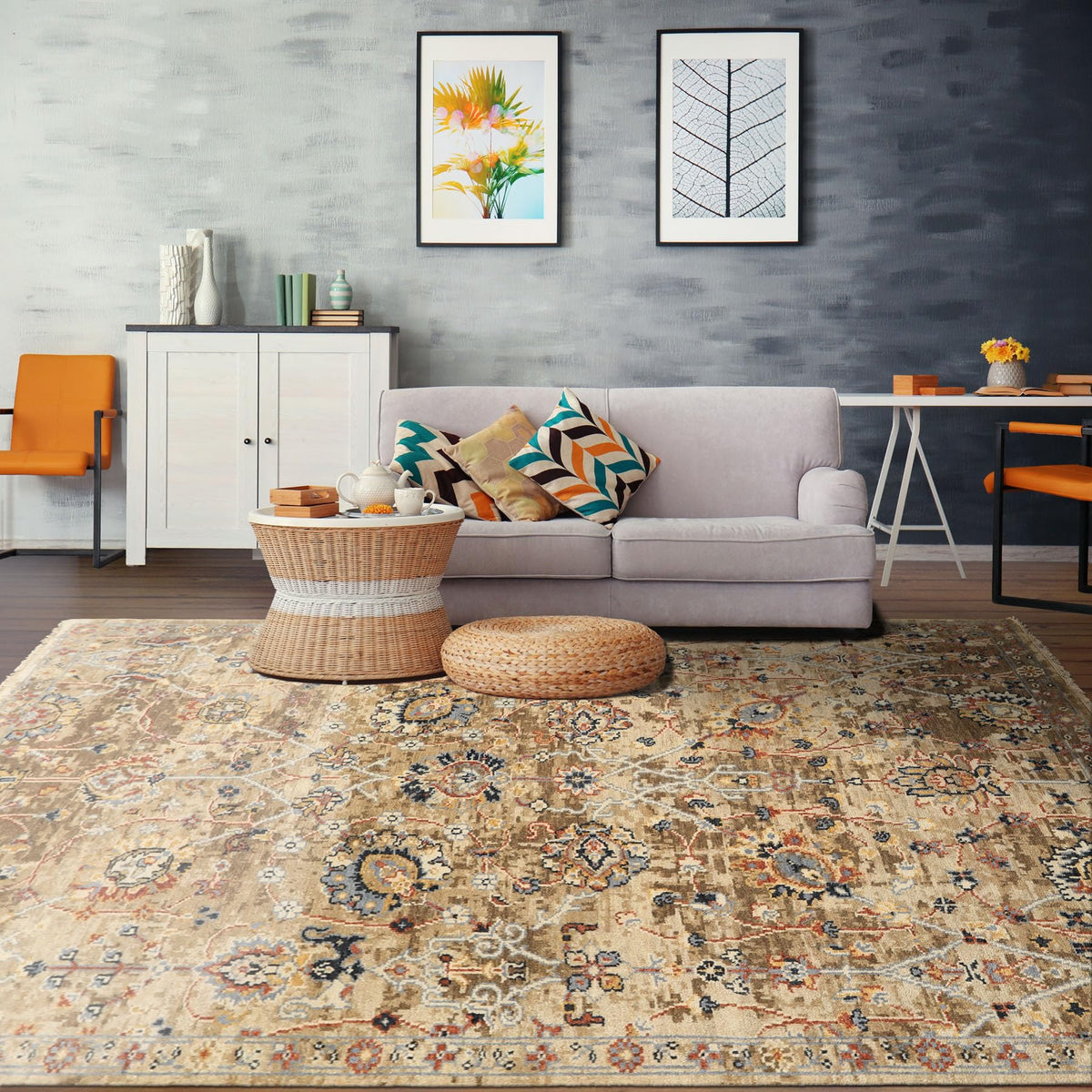 6'x9'3'' Hand Knotted Beige Oushak Arts & Crafts Wool Erased Pattern Oriental Area Rug