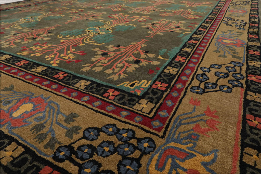 9x13 Hand Tufted Hand Made 100% Wool Donegal Branches Arts & Crafts Oriental Area Rug Gray with Green Undertone,Moss Color