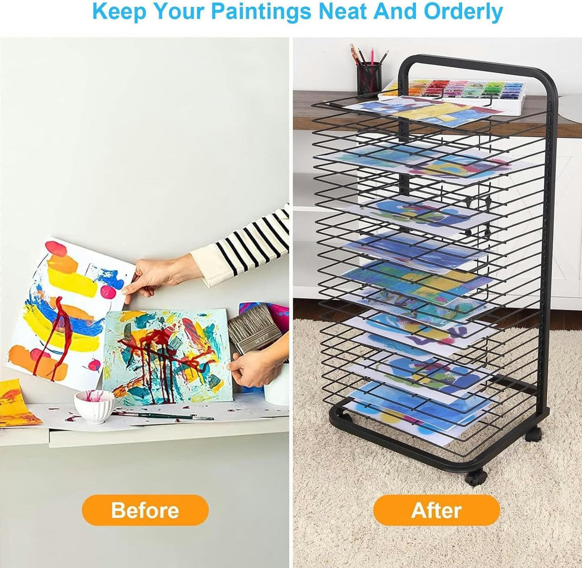 Art Drying Rack for Classrooms Painting Crafts, Mobile Drying Rack for Art with Wheels, Removable Shelves Metal Artwork Storage Display Rack for Schools, Art Studio and,30 Shelves