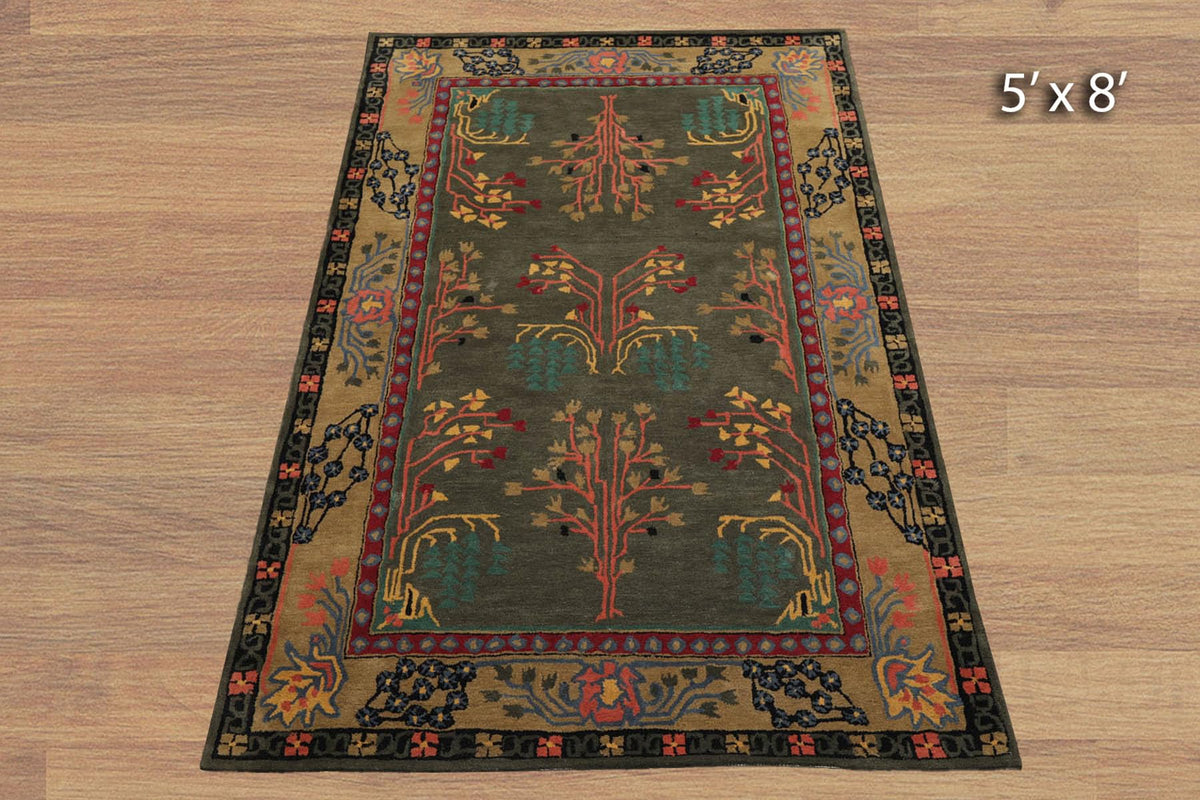 9x12 Hand Tufted Hand Made 100% Wool Donegal Branches Arts & Crafts Oriental Area Rug Gray with Green Undertone,Moss Color