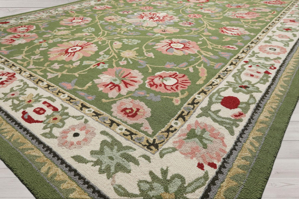 8x10 Hand Hooked Sage Cream Traditional Wool Arts & Crafts Area Rug for Living Room, Kitchen, Bedroom, Home Office, Dining Room