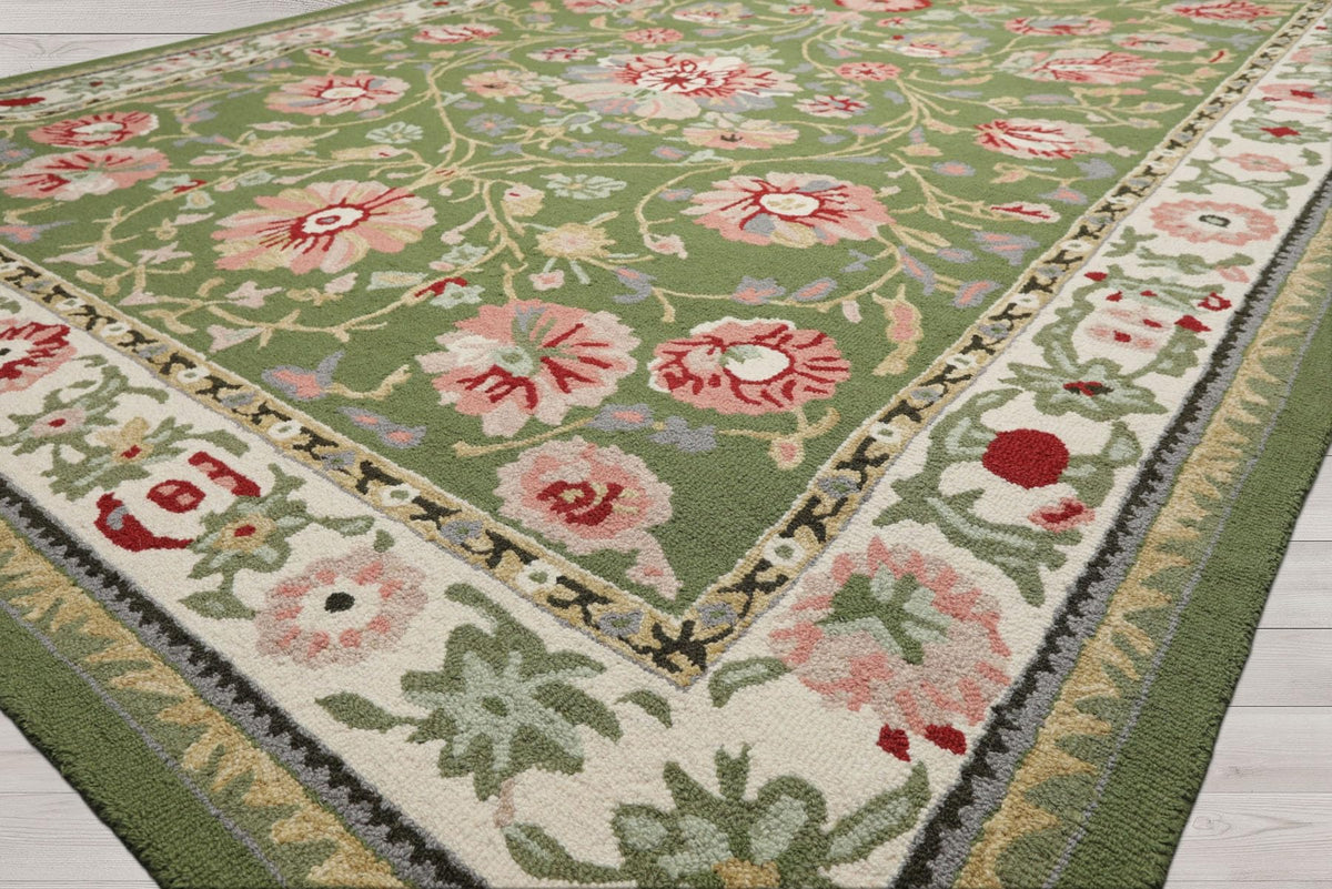 8x10 Hand Hooked Sage Cream Traditional Wool Arts & Crafts Area Rug for Living Room, Kitchen, Bedroom, Home Office, Dining Room