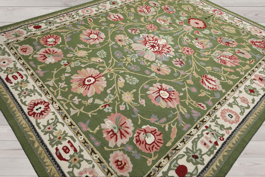 8x10 Hand Hooked Sage Cream Traditional Wool Arts & Crafts Area Rug for Living Room, Kitchen, Bedroom, Home Office, Dining Room